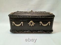 Antique French ebonised twin compartment tea caddy with silver plated fittings