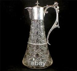 Antique Hobnail Cut Glass & Silver Plate Mounted Claret Jug