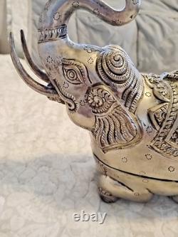 Antique Indian Copper Silver Plate Repousse Elephant Statue Trinket Case