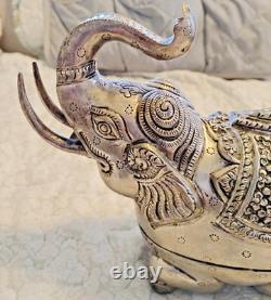 Antique Indian Copper Silver Plate Repousse Elephant Statue Trinket Case