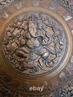 Antique Indian Ganesh Brass, Copper, Silver Repousse Moulded Plate/Wall Plaque