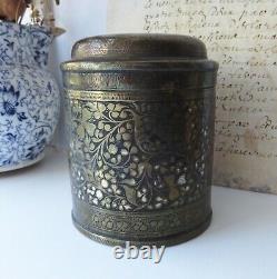 Antique Indian tea caddy, engraved brass canister with remains of silver plating