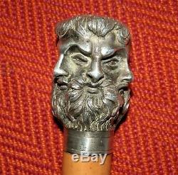 Antique Integrated Silver Plate Four Face Spirit Bearded Man Walking Stick/Cane