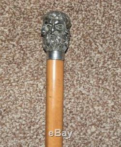 Antique Integrated Silver Plate Four Face Spirit Bearded Man Walking Stick/Cane