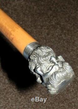 Antique Integrated Silver Plate Four Face Spirit Bearded Man Walking Stick/Cane