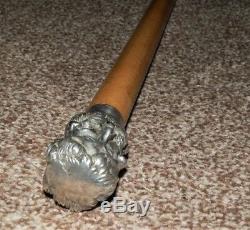 Antique Integrated Silver Plate Four Face Spirit Bearded Man Walking Stick/Cane