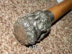 Antique Integrated Silver Plate Four Face Spirit Bearded Man Walking Stick/Cane