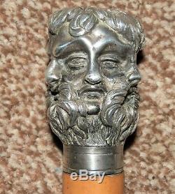 Antique Integrated Silver Plate Four Face Spirit Bearded Man Walking Stick/Cane