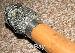Antique Integrated Silver Plate Four Face Spirit Bearded Man Walking Stick/Cane