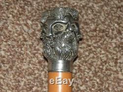 Antique Integrated Silver Plate Four Face Spirit Bearded Man Walking Stick/Cane