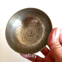 Antique Islamic Hand Engraved Brass Silver Plated Bowl, Collectible Horror Bowl