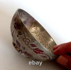 Antique Islamic Hand Engraved Brass Silver Plated Bowl, Collectible Horror Bowl