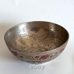 Antique Islamic Hand Engraved Brass Silver Plated Bowl, Collectible Horror Bowl