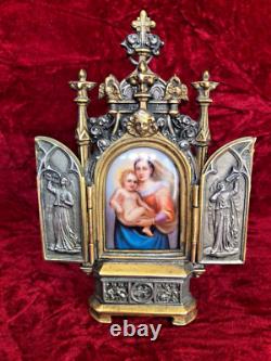 Antique Italian Gilded and Silver-Plating Bronze Triptych with Porcelain Plaque
