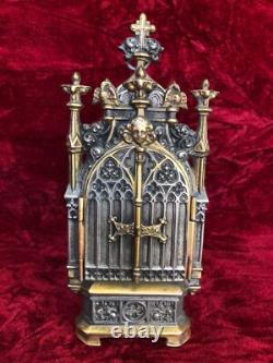 Antique Italian Gilded and Silver-Plating Bronze Triptych with Porcelain Plaque