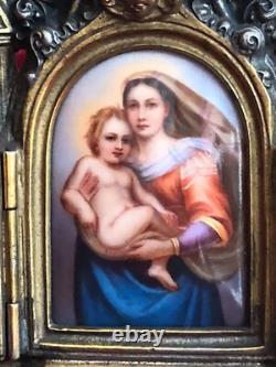 Antique Italian Gilded and Silver-Plating Bronze Triptych with Porcelain Plaque