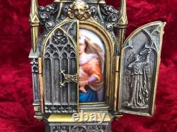 Antique Italian Gilded and Silver-Plating Bronze Triptych with Porcelain Plaque