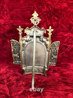 Antique Italian Gilded and Silver-Plating Bronze Triptych with Porcelain Plaque