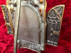 Antique Italian Gilded and Silver-Plating Bronze Triptych with Porcelain Plaque