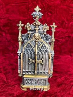 Antique Italian Gilded and Silver-Plating Bronze Triptych with Porcelain Plaque