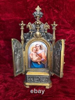 Antique Italian Gilded and Silver-Plating Bronze Triptych with Porcelain Plaque