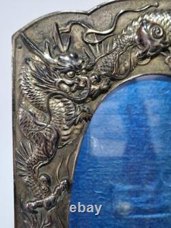 Antique Japanese Silver Plate on Copper Repousse Dragon Photograph Frame