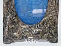 Antique Japanese Silver Plate on Copper Repousse Dragon Photograph Frame
