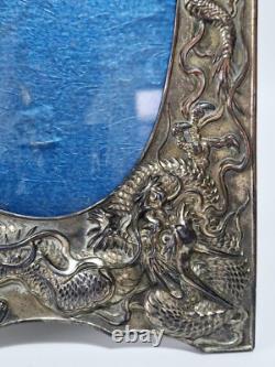 Antique Japanese Silver Plate on Copper Repousse Dragon Photograph Frame