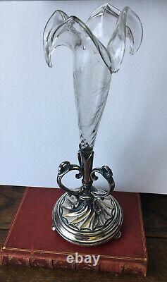 Antique Jd & S Silver Plated Epergne With Crystal Trumpet Original Flute Vase