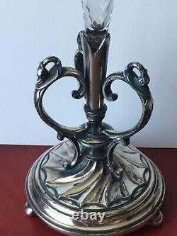 Antique Jd & S Silver Plated Epergne With Crystal Trumpet Original Flute Vase