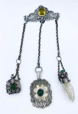 Antique Jeweled Silver Plate Chatelaine Celluloid Notebook Smelling Salts +