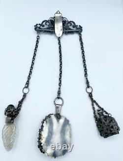 Antique Jeweled Silver Plate Chatelaine Celluloid Notebook Smelling Salts +
