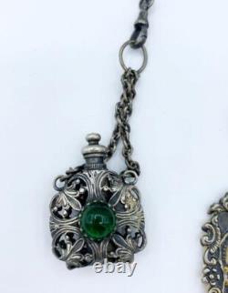 Antique Jeweled Silver Plate Chatelaine Celluloid Notebook Smelling Salts +