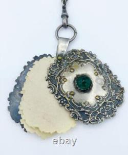 Antique Jeweled Silver Plate Chatelaine Celluloid Notebook Smelling Salts +