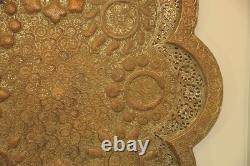 Antique Kashmiri Repoussé Copper Tray Silver Plated Pierced 19th Century