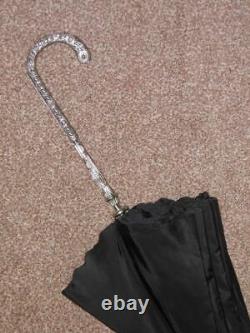 Antique Ladies Double Floral & Black Canopy Umbrella WithSilver Plate Crook Handle
