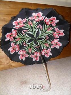 Antique Ladies Double Floral & Black Canopy Umbrella WithSilver Plate Crook Handle