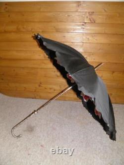 Antique Ladies Double Floral & Black Canopy Umbrella WithSilver Plate Crook Handle