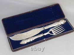 Antique Large Ornate Silver Plate Fish Server Set Floral Etched Original Box