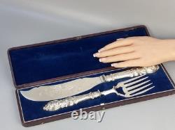 Antique Large Ornate Silver Plate Fish Server Set Floral Etched Original Box