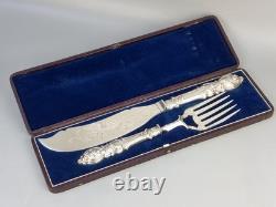 Antique Large Ornate Silver Plate Fish Server Set Floral Etched Original Box
