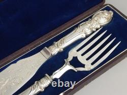 Antique Large Ornate Silver Plate Fish Server Set Floral Etched Original Box
