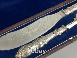 Antique Large Ornate Silver Plate Fish Server Set Floral Etched Original Box