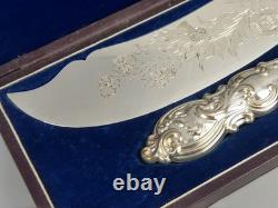 Antique Large Ornate Silver Plate Fish Server Set Floral Etched Original Box