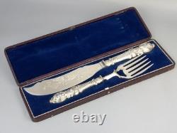 Antique Large Ornate Silver Plate Fish Server Set Floral Etched Original Box