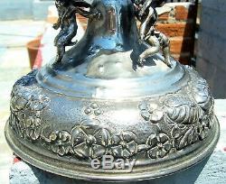 Antique Large Repousee Silver Plated Oil Lamp Base Cherubs Ioannina Greece 16.9