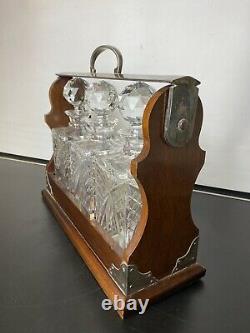 Antique Mahogany & Silver Plated Tantalus with Three Crystal Decanters Lock Key