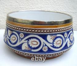Antique Majolica Bowl Salad Art Nouveau Silver Plated Rim Blue Cream Brown