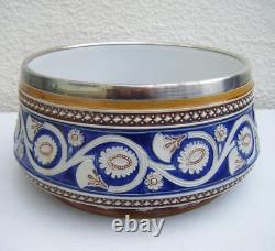 Antique Majolica Bowl Salad Art Nouveau Silver Plated Rim Blue Cream Brown