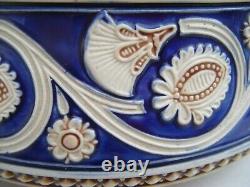 Antique Majolica Bowl Salad Art Nouveau Silver Plated Rim Blue Cream Brown